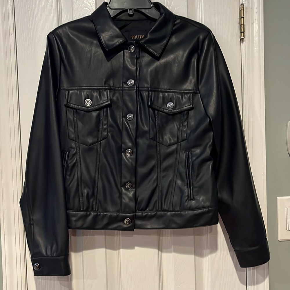 Perfect faux black leather jacket size large silver buttons